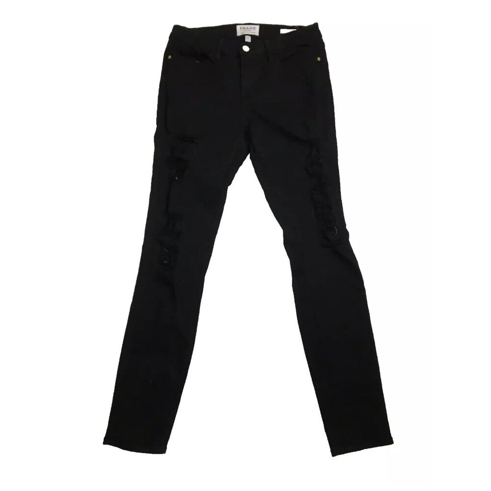 FRAME Denim Le Skinny De Jeanne Black Film Noir Wash 5 Pocket Distressed Jeans